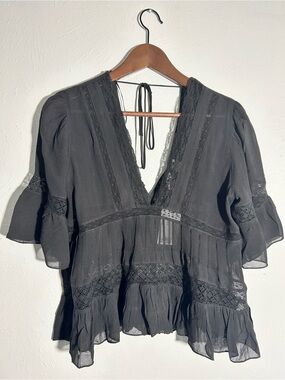 Divided Black Lace-Trim V-Neck Peasant Blouse - Women